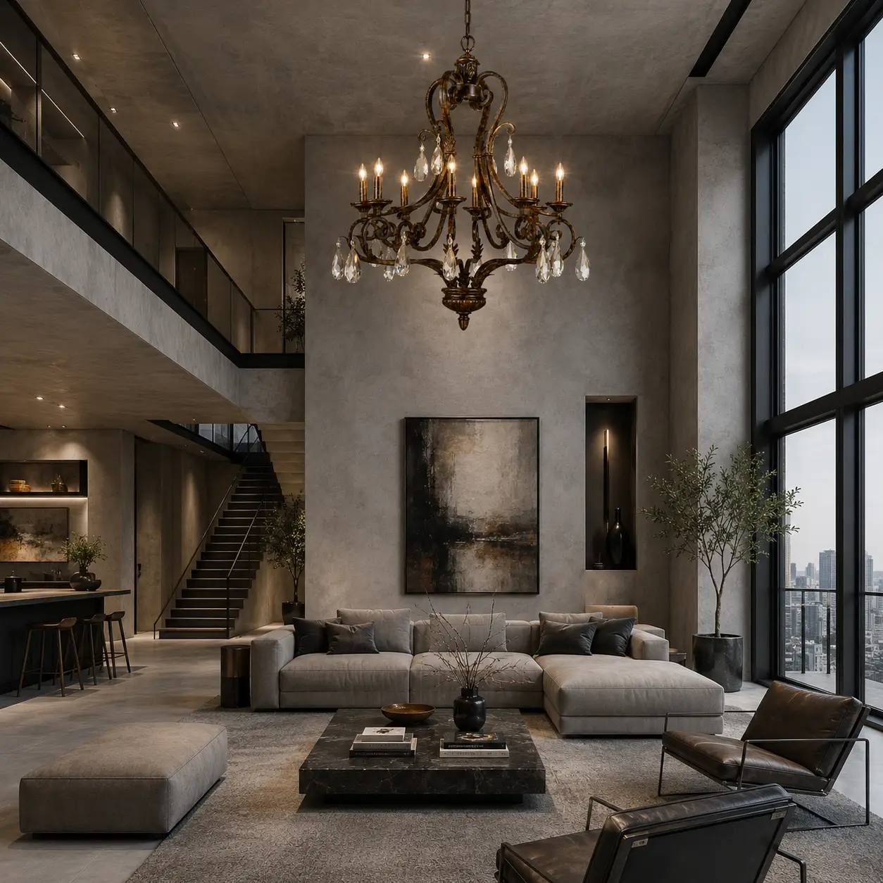 3D Render Suggestion: A modern industrial luxury penthouse atrium featuring seamless micro-cement grey walls, matte black steel window frames, and minimalist low-profile furniture. Suspended from the concrete ceiling as an eclectic statement piece is the Vittoria Chandelier. The 3D render emphasizes the brilliant textural contrast, where the raw, hand-rubbed rustic bronze elements echo the industrial vibe, while the crystal clusters bring a soft, high-luxury sparkle to the space.