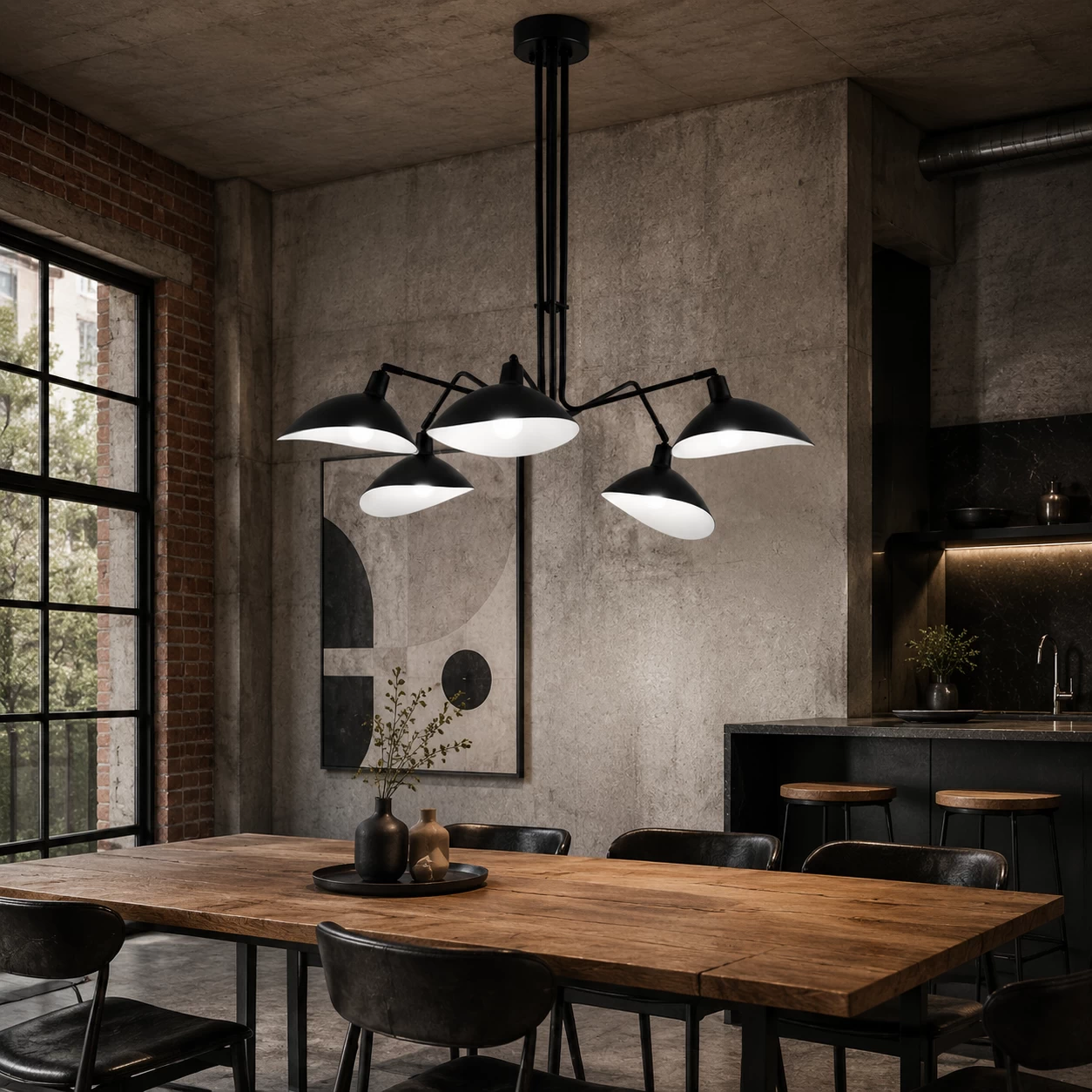 Arachnis-5-Light-Pendant-in-Matte-Black-with-White-Inner-Scoop-Shades-industrial-chic Arachnis-5-Light-Pendant-in-Matte-Black-with-White-Inner-Scoop-Shades-industrial-chic