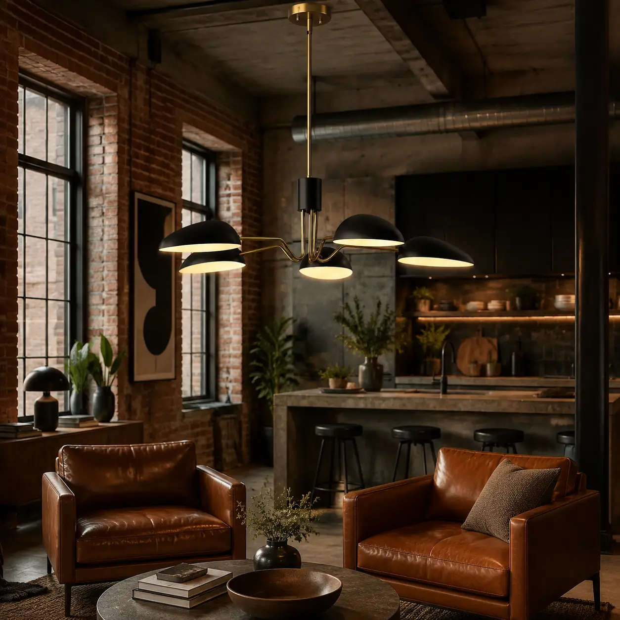 Arachnis-Natural-Brass-5-Light-Pendant-with-Matte-Black-Scoop-Shades-mid-century-modern-industrial-living Arachnis-Natural-Brass-5-Light-Pendant-with-Matte-Black-Scoop-Shades-mid-century-modern-industrial-living