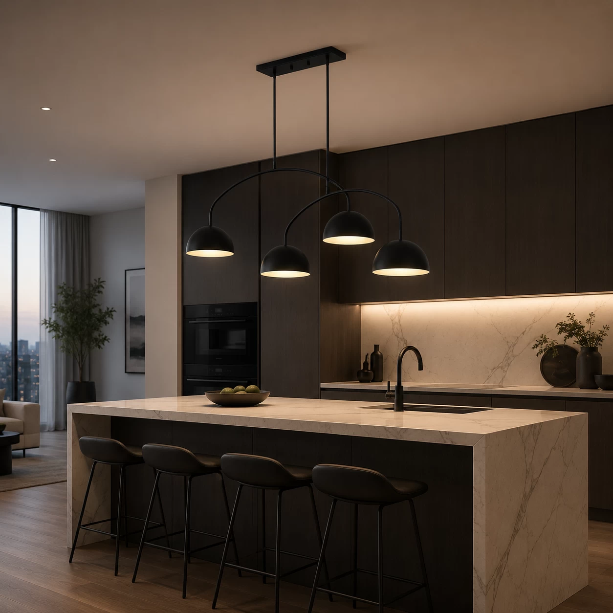 The Arcadian Linear Pendant in Modern Minimalist Kitchen Island