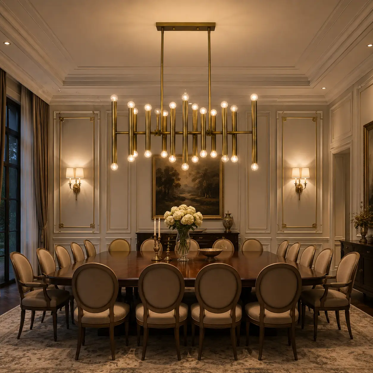 The Architect Chandelier over Neoclassical Long Dining Table