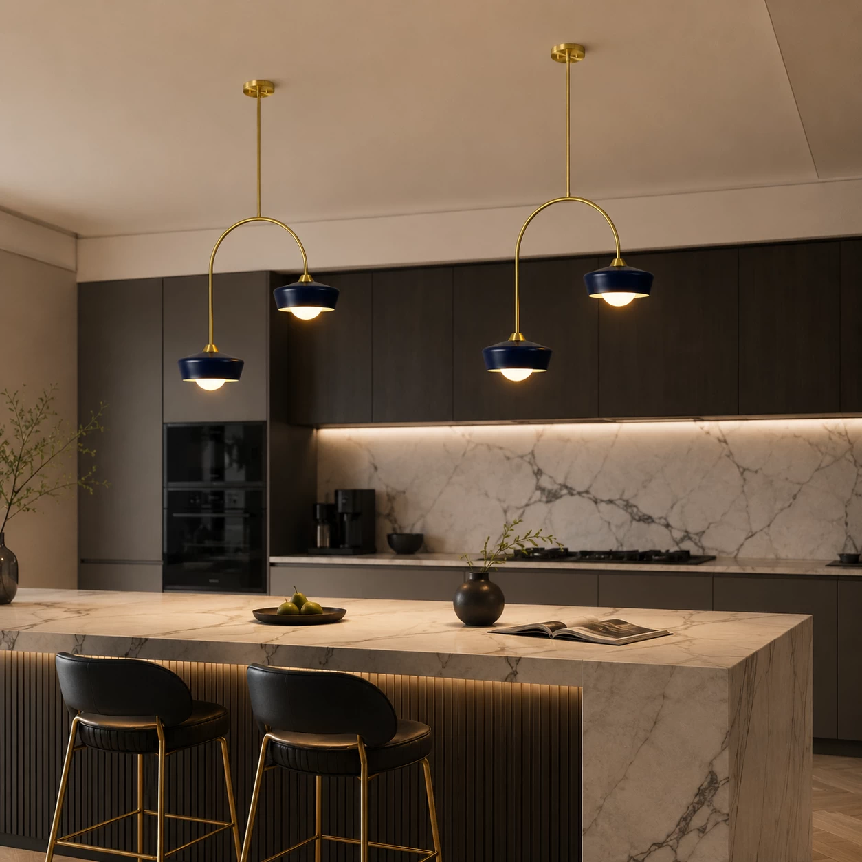 Arco-Duo-2-Light-Pendant-in-Brushed-Brass-and-Midnight-Blue-Finish-executive-kitchen-island Arco-Duo-2-Light-Pendant-in-Brushed-Brass-and-Midnight-Blue-Finish-executive-kitchen-island