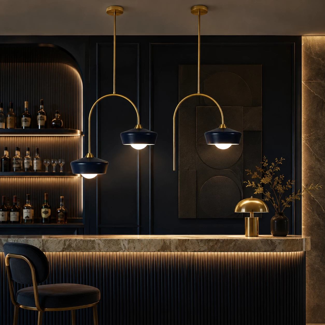Arco-Duo-2-Light-Pendant-in-Brushed-Brass-and-Midnight-Blue-Finish-executive-reception Arco-Duo-2-Light-Pendant-in-Brushed-Brass-and-Midnight-Blue-Finish-executive-reception