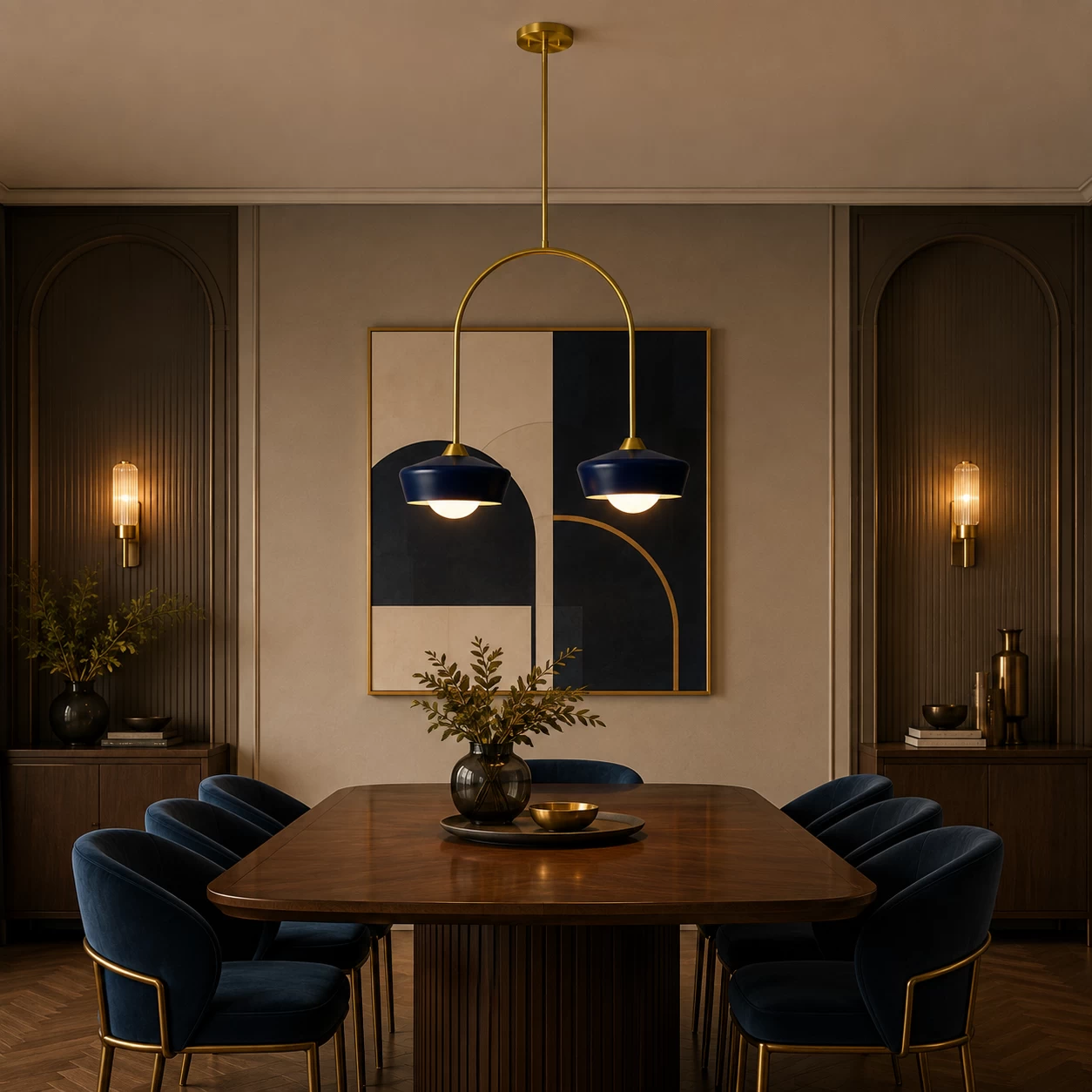 Arco-Duo-2-Light-Pendant-in-Brushed-Brass-and-Midnight-Blue-Finish-mid-century-dining Arco-Duo-2-Light-Pendant-in-Brushed-Brass-and-Midnight-Blue-Finish-mid-century-dining