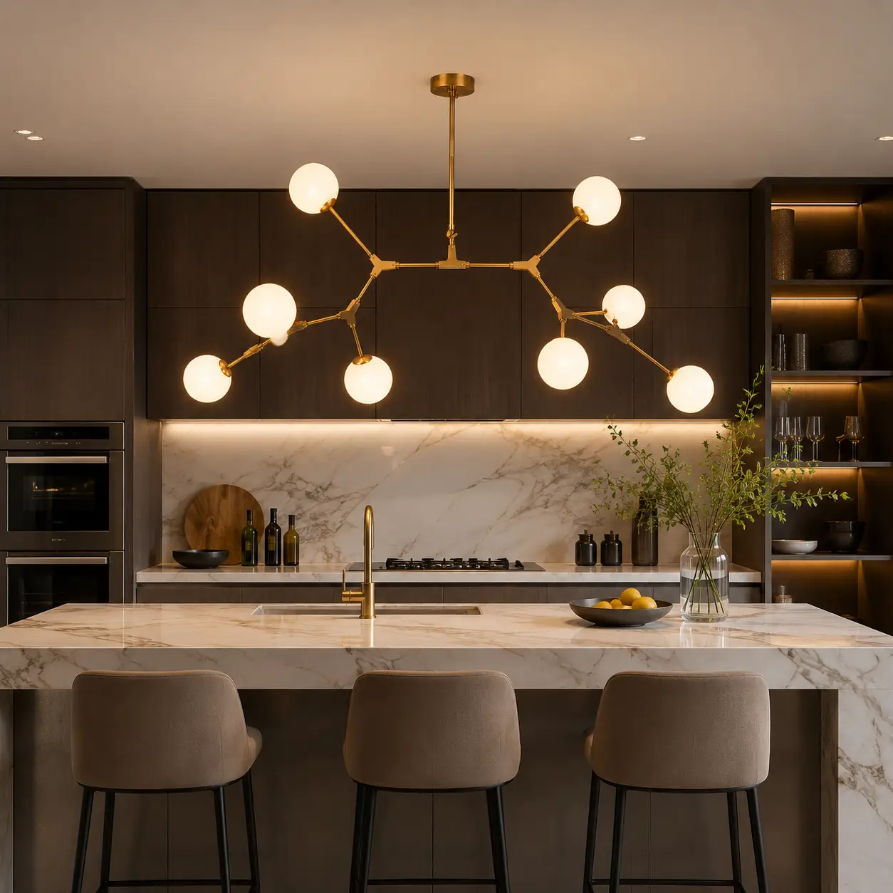 Linear Branching Sputnik Pendant over Kitchen Island