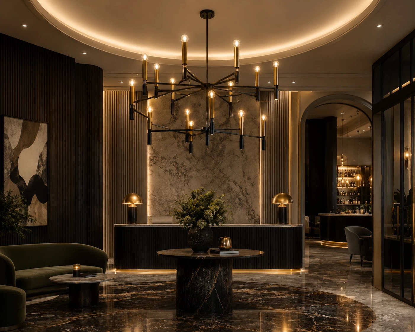 Astro Sputnik Chandelier in Hotel Lobby Foyer