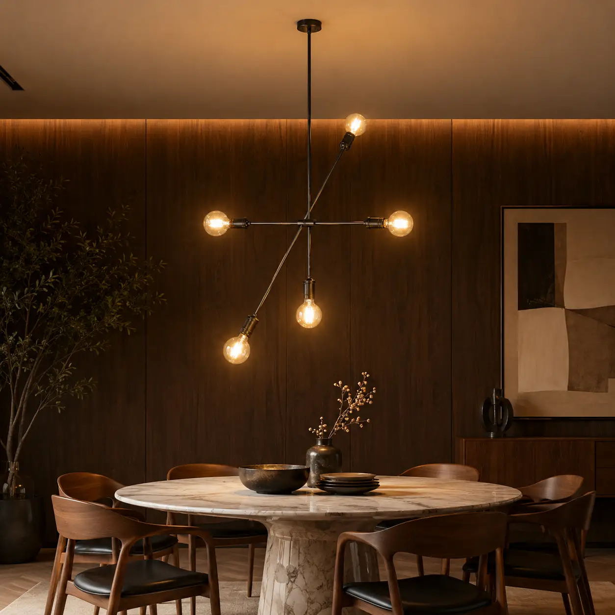 Astro Starburst 5-Light Mid-Century Pendant in modern luxury dining room