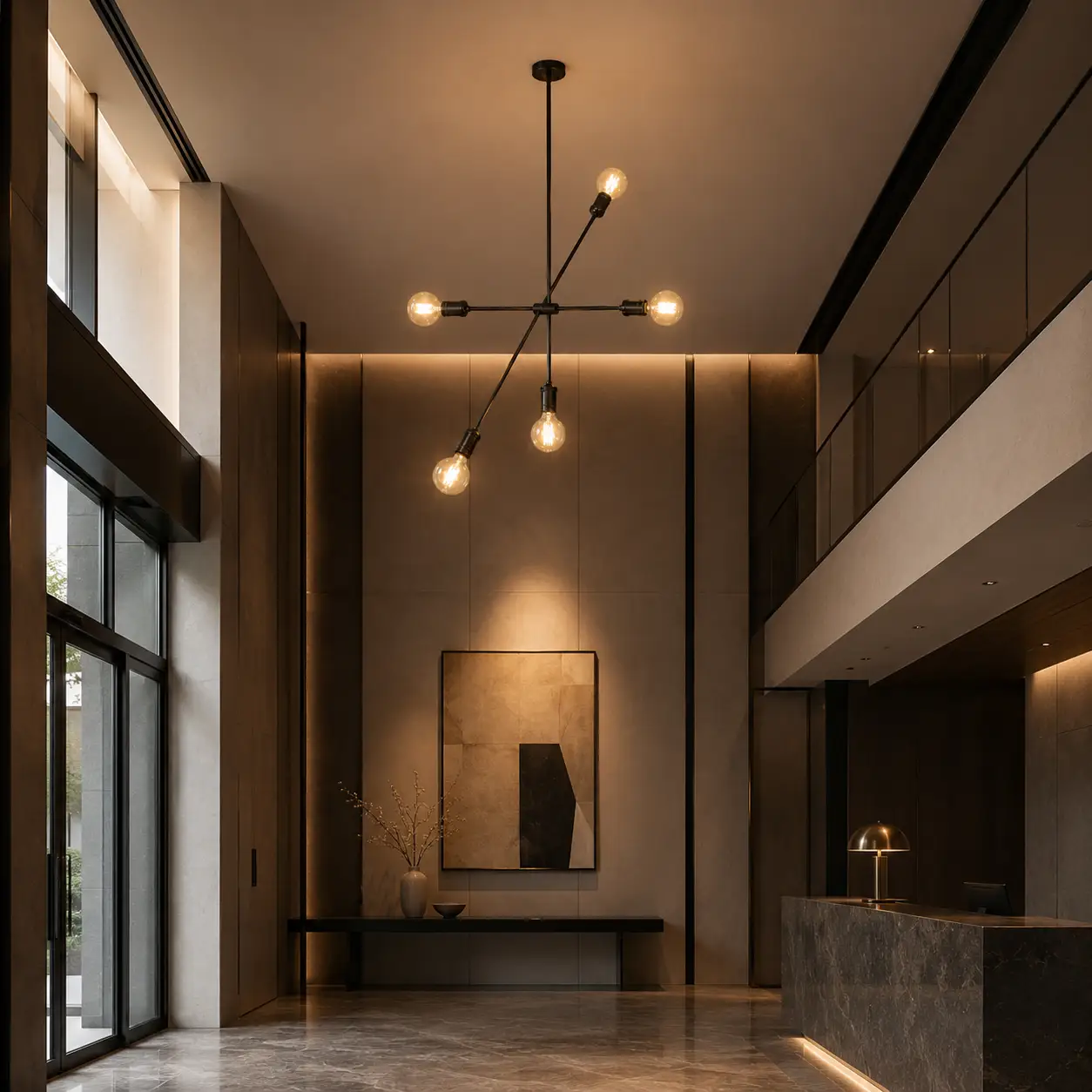 Mid-century starburst pendant light in boutique hotel foyer lounge