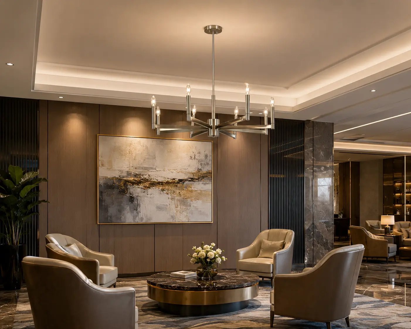 Aura-Grand-8-Light-Modern-Spoke-Chandelier-Pendant-with-Brushed-Nickel-Finish-hotel-lounge Aura-Grand-8-Light-Modern-Spoke-Chandelier-Pendant-with-Brushed-Nickel-Finish-hotel-lounge