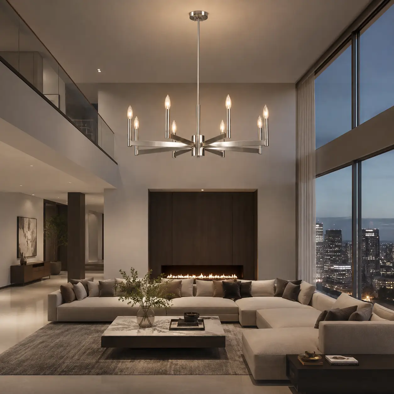 The Aura Grand 8-Light Spoke Chandelier in Modern Luxury Living Room