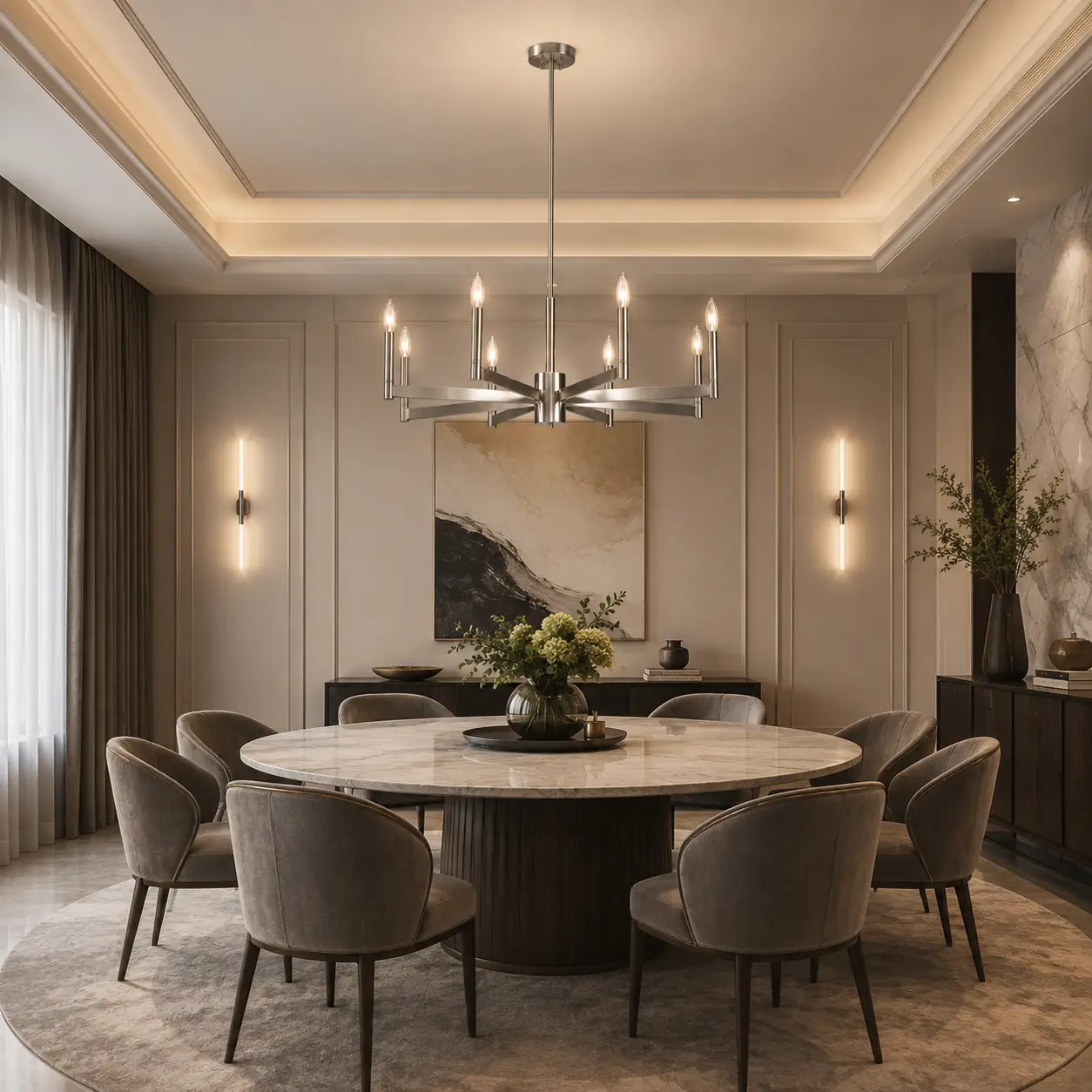 The Aura Grand Chandelier over Round Marble Dining Suite