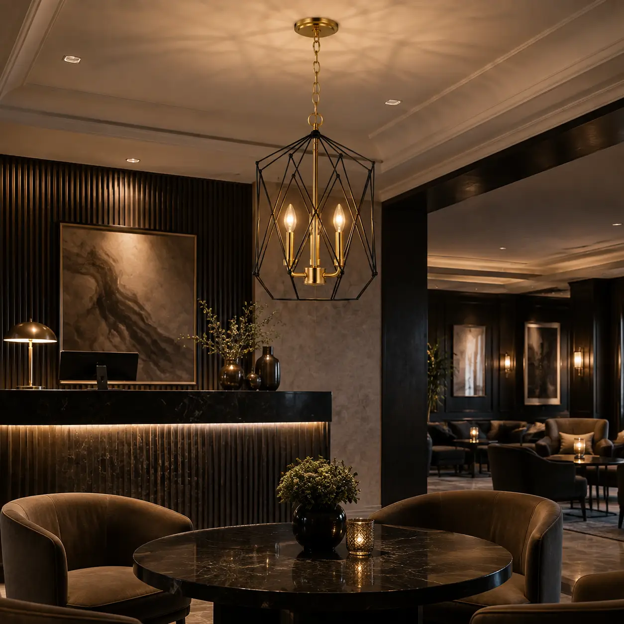 Auracage-Champagne-Gold-3-Light-Chandelier-with-Matte-Black-Cage-hotel-lounge Auracage-Champagne-Gold-3-Light-Chandelier-with-Matte-Black-Cage-hotel-lounge