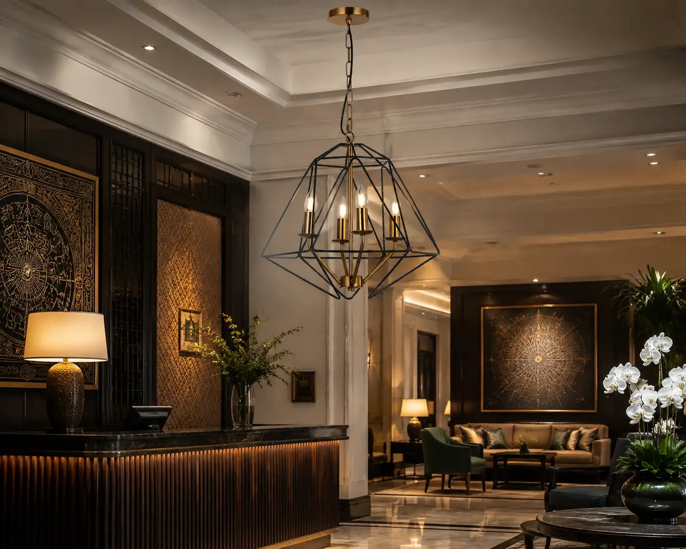 Auracage-Quad-Satin-Gold-4-Light-Chandelier-with-Matte-Black-Cage-hotel-reception Auracage-Quad-Satin-Gold-4-Light-Chandelier-with-Matte-Black-Cage-hotel-reception
