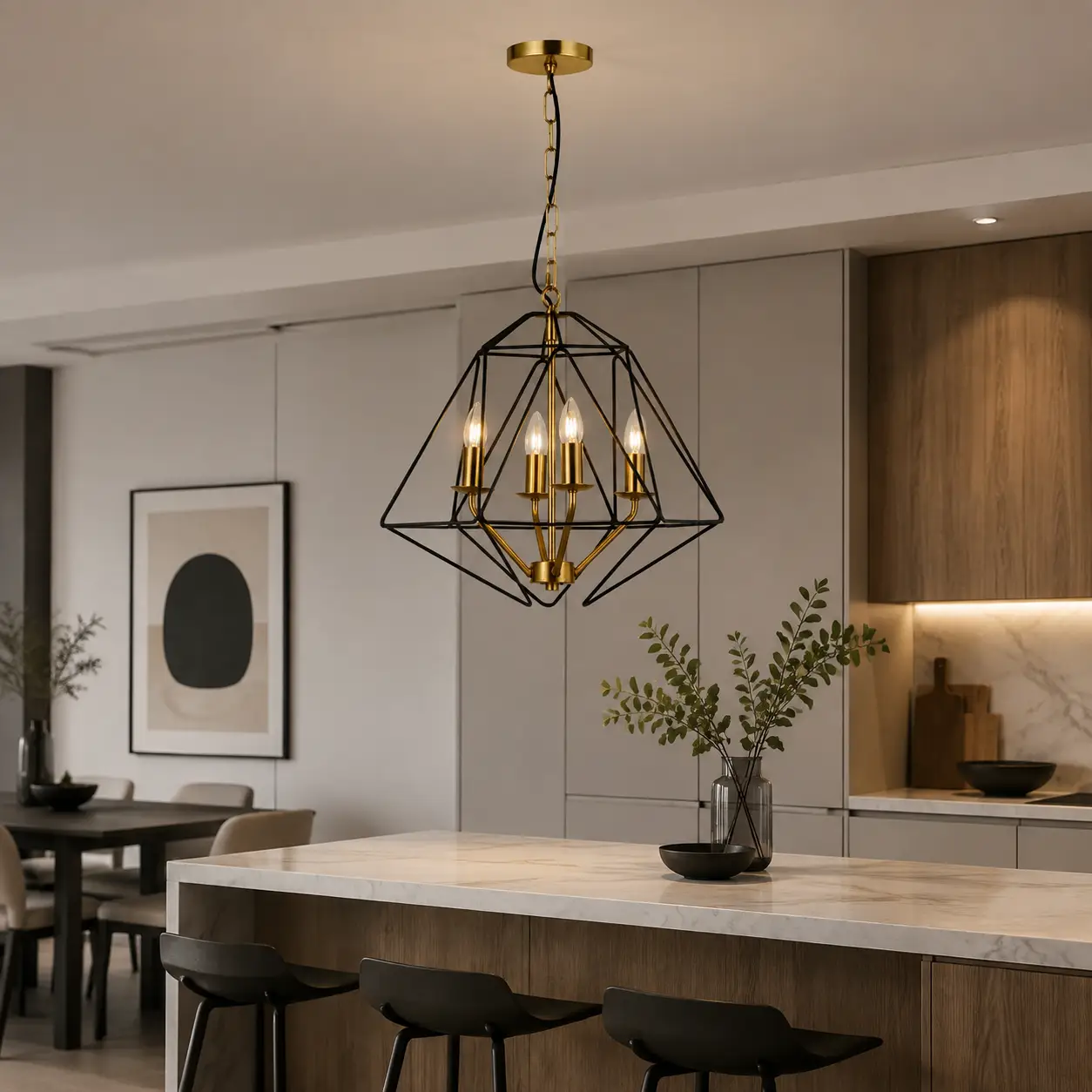 Auracage Quad Chandelier over Minimalist Dining Table
