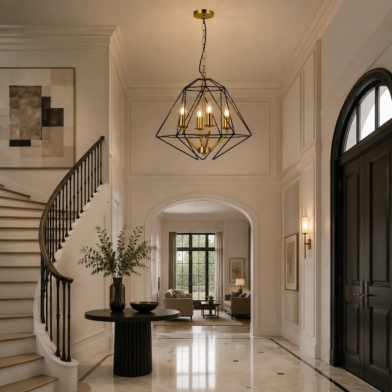 Auracage Quad Chandelier in High-Ceiling Foyer