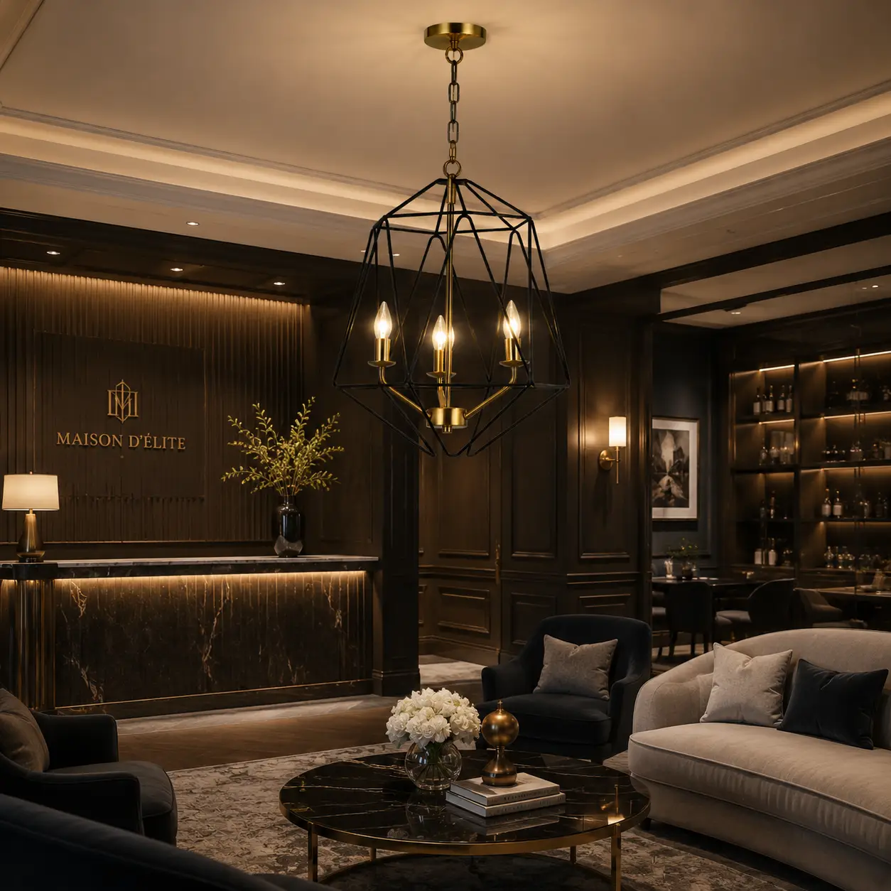 Auracage-Satin-Gold-3-Light-Chandelier-with-Matte-Black-Cage-hotel-reception-lounge Auracage-Satin-Gold-3-Light-Chandelier-with-Matte-Black-Cage-hotel-reception-lounge