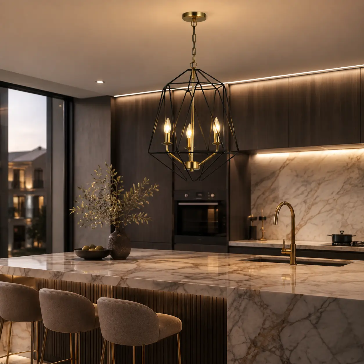 Auracage-Satin-Gold-3-Light-Chandelier-with-Matte-Black-Cage-modern-kitchen-island