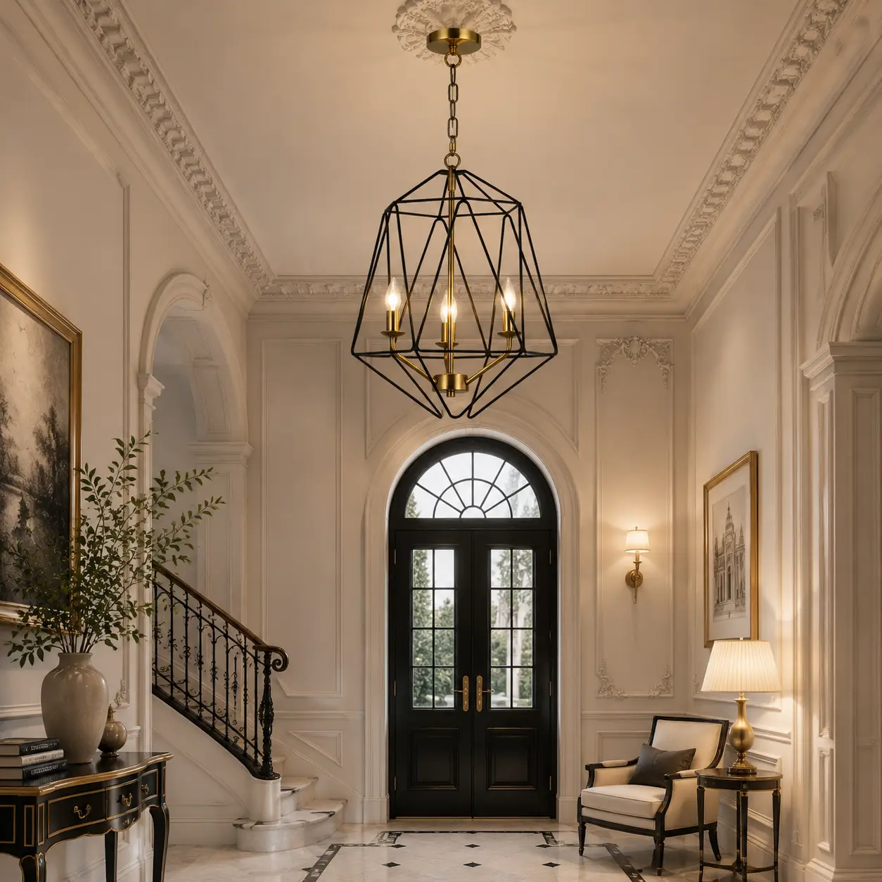 Auracage-Satin-Gold-3-Light-Chandelier-with-Matte-Black-Cage-neoclassical-foyer Auracage-Satin-Gold-3-Light-Chandelier-with-Matte-Black-Cage-neoclassical-foyer