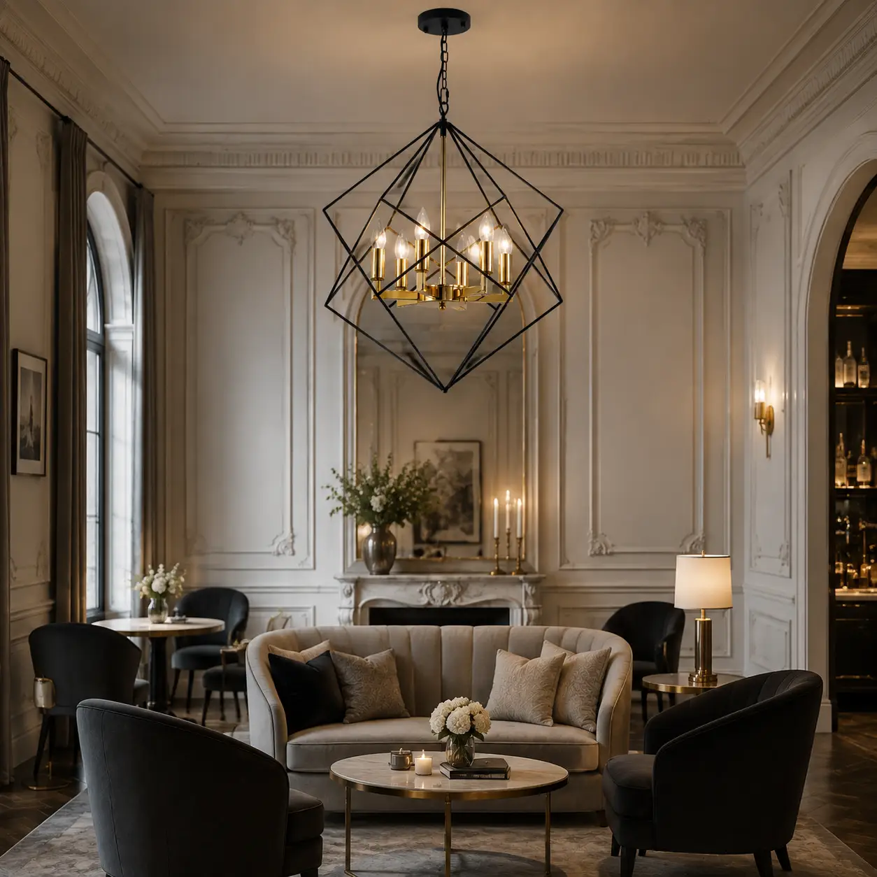Aurelcage-Matte-Black-Frame-6-Light-Chandelier-with-Polished-Gold-Brass-Detailing-hotel-lounge Aurelcage-Matte-Black-Frame-6-Light-Chandelier-with-Polished-Gold-Brass-Detailing-hotel-lounge