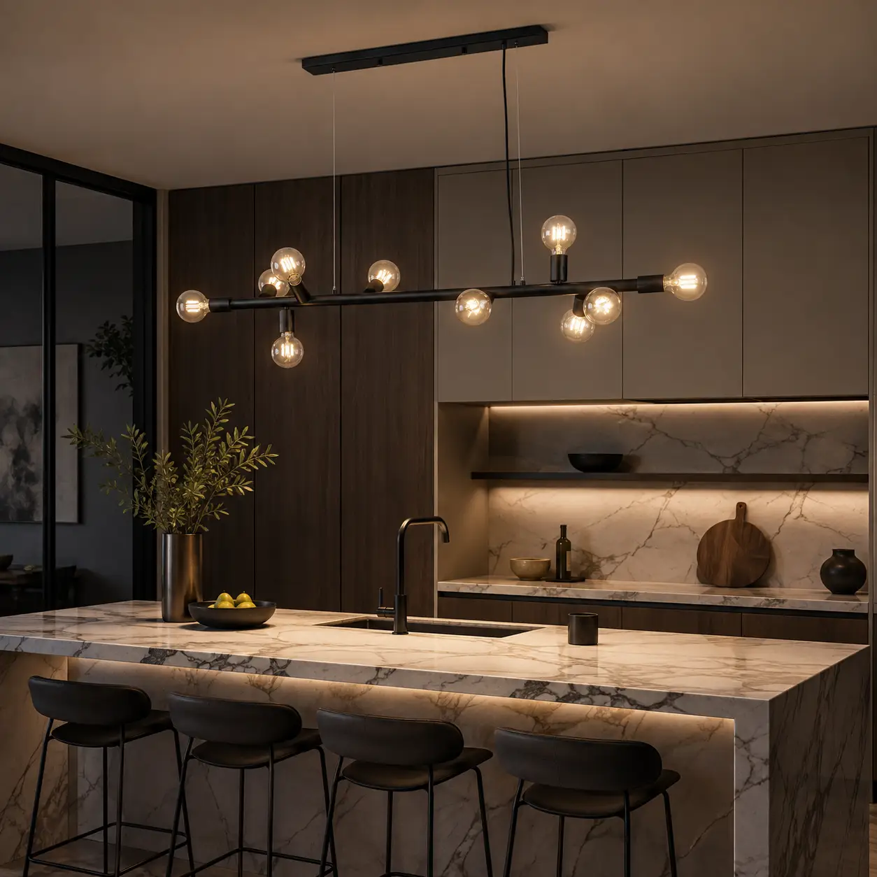 The Axis 10-Light Linear Pendant suspended over Modern Kitchen Island