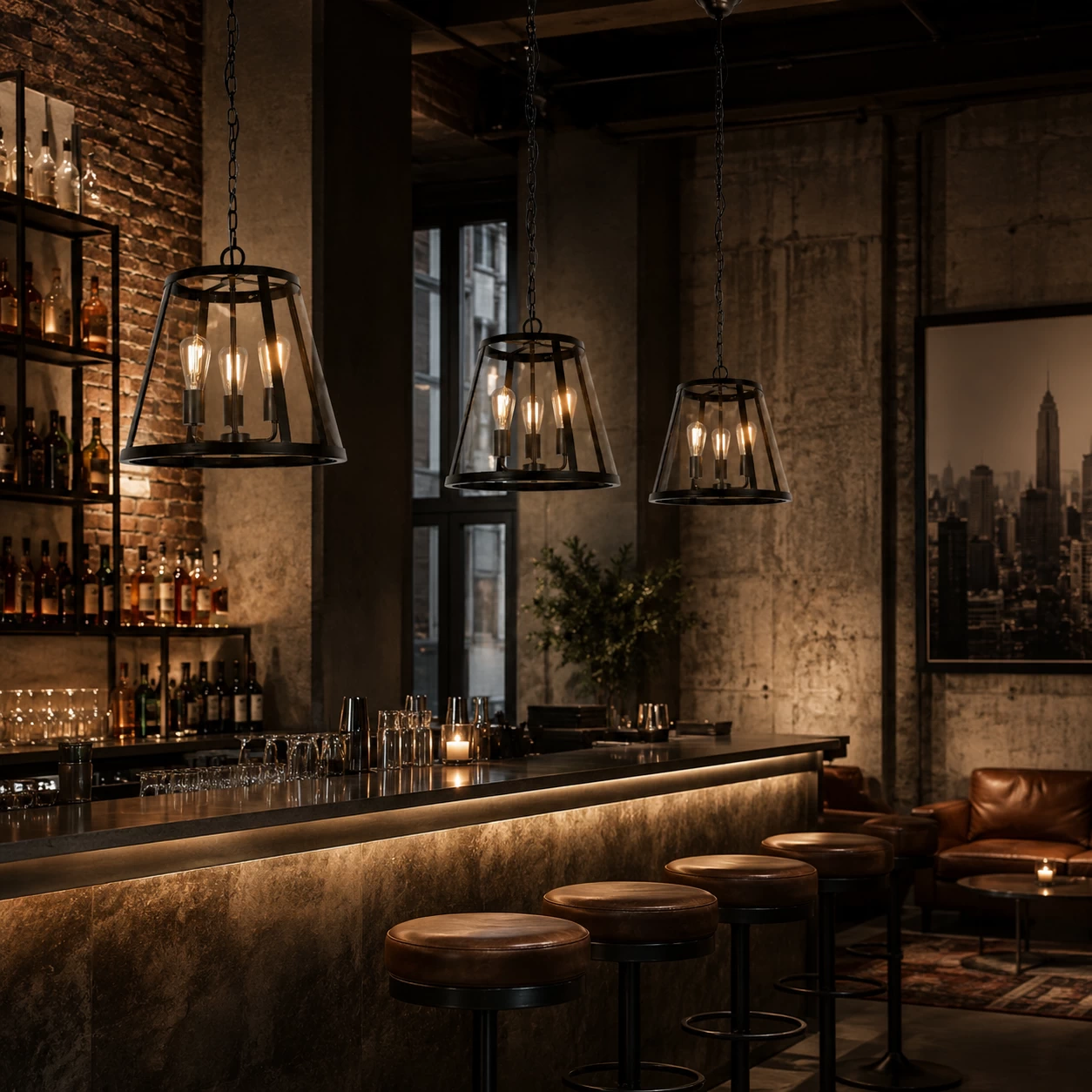 Camden 3-Light Drum Pendant in Hotel Bar Lounge