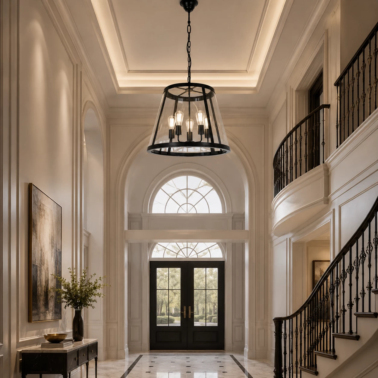 Camden-5-Light-Clear-Glass-Drum-Pendant-in-Deep-Bronze-Finish-neoclassical-grand-stairwell Camden-5-Light-Clear-Glass-Drum-Pendant-in-Deep-Bronze-Finish-neoclassical-grand-stairwell