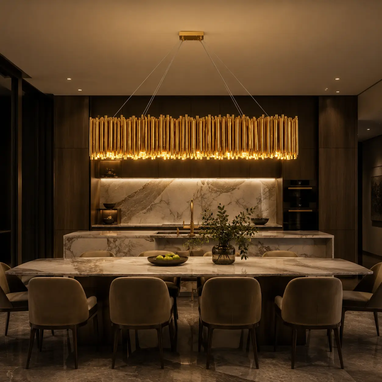 Cantata 40-Light Linear Chandelier over Luxury Marble Dining Table