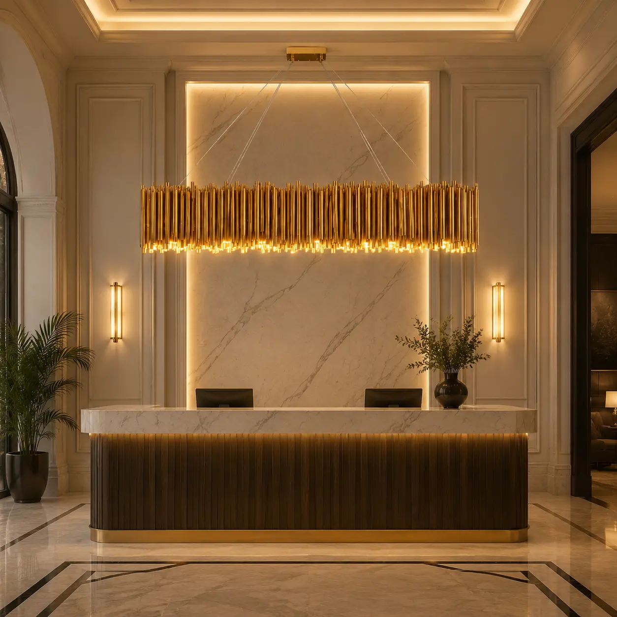 Cantata Linear Chandelier in Boutique Hotel Reception