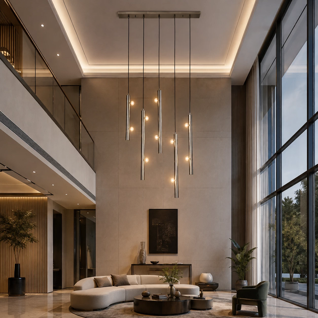 The Cascade 12-Light Multi-Pendant Chandelier in Double-Height Modern Living Room