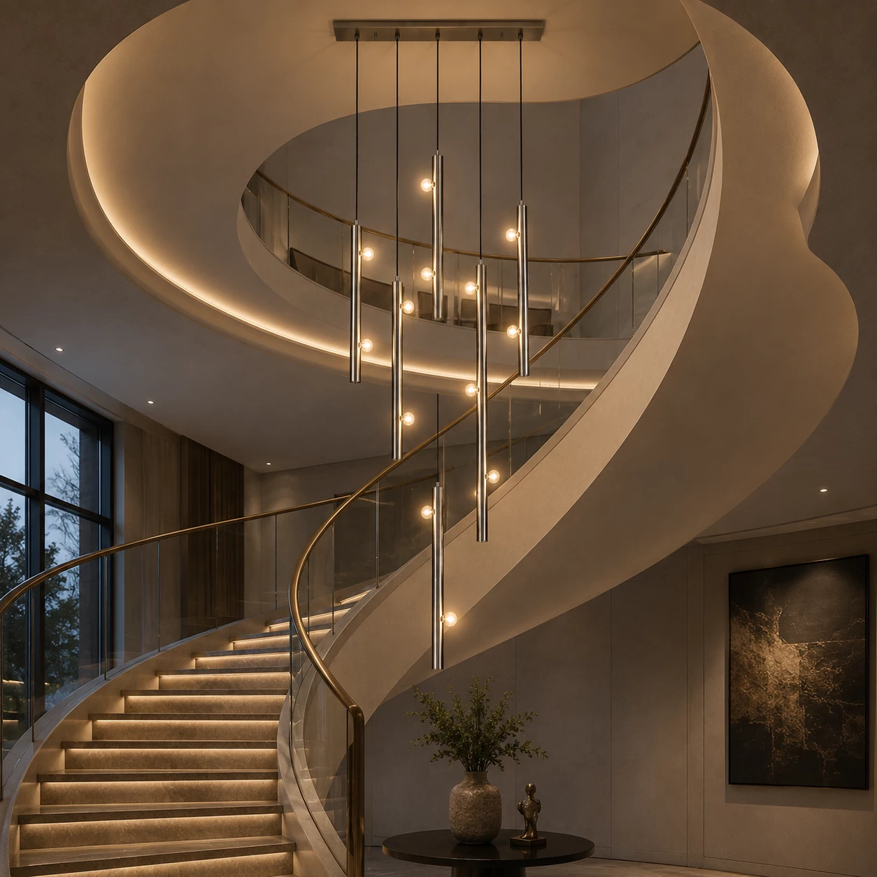 The Cascade 12-Light Chandelier in Luxury Spiral Staircase Tower