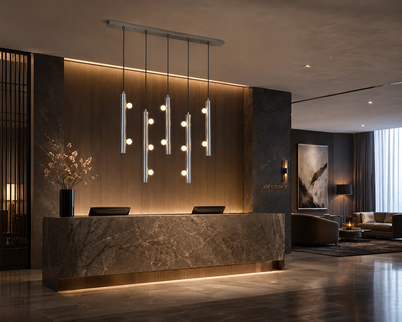 The Cascade Multi-Pendant Chandelier in Boutique Hotel Lobby