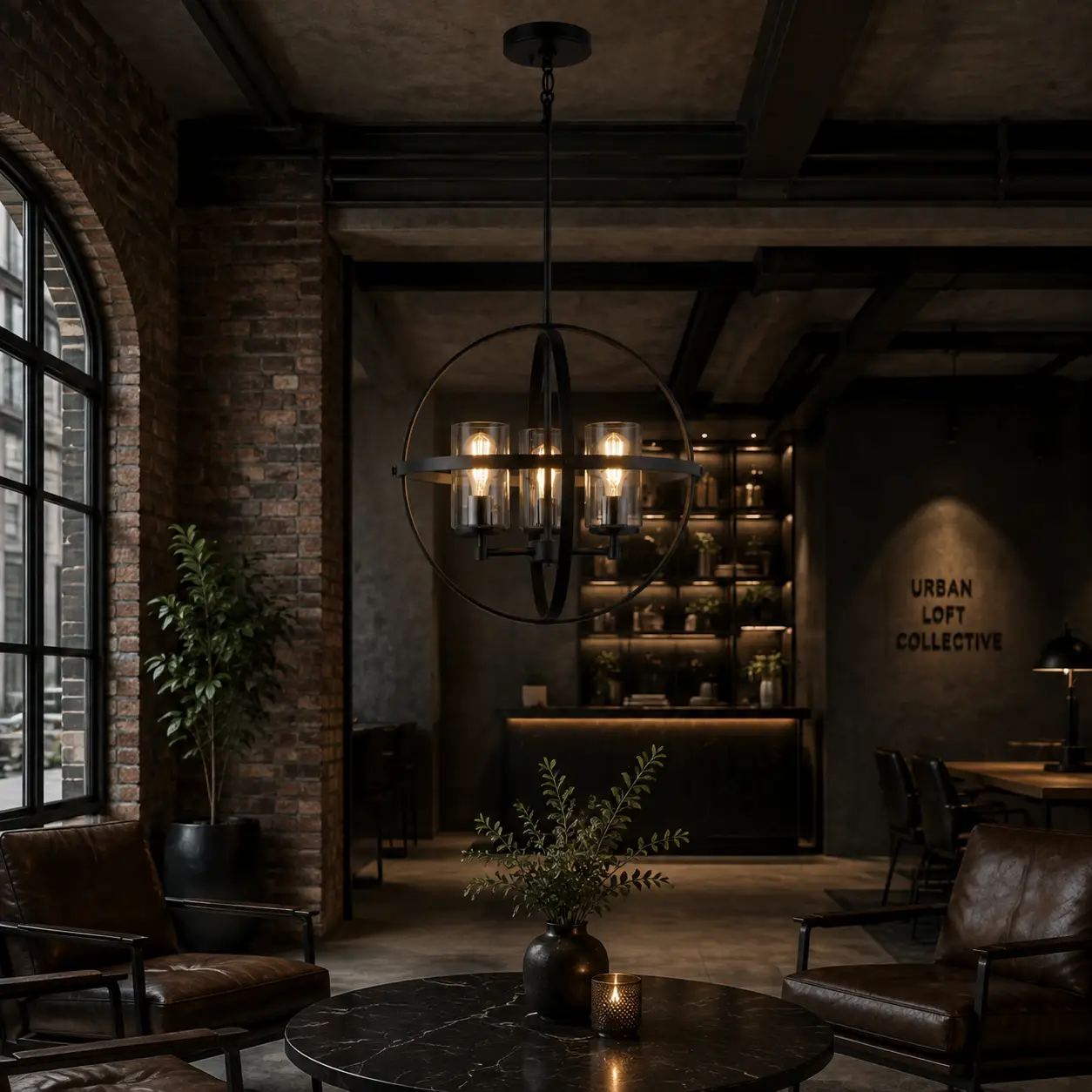 Celestia Chandelier in Industrial Chic Hospitality Lounge