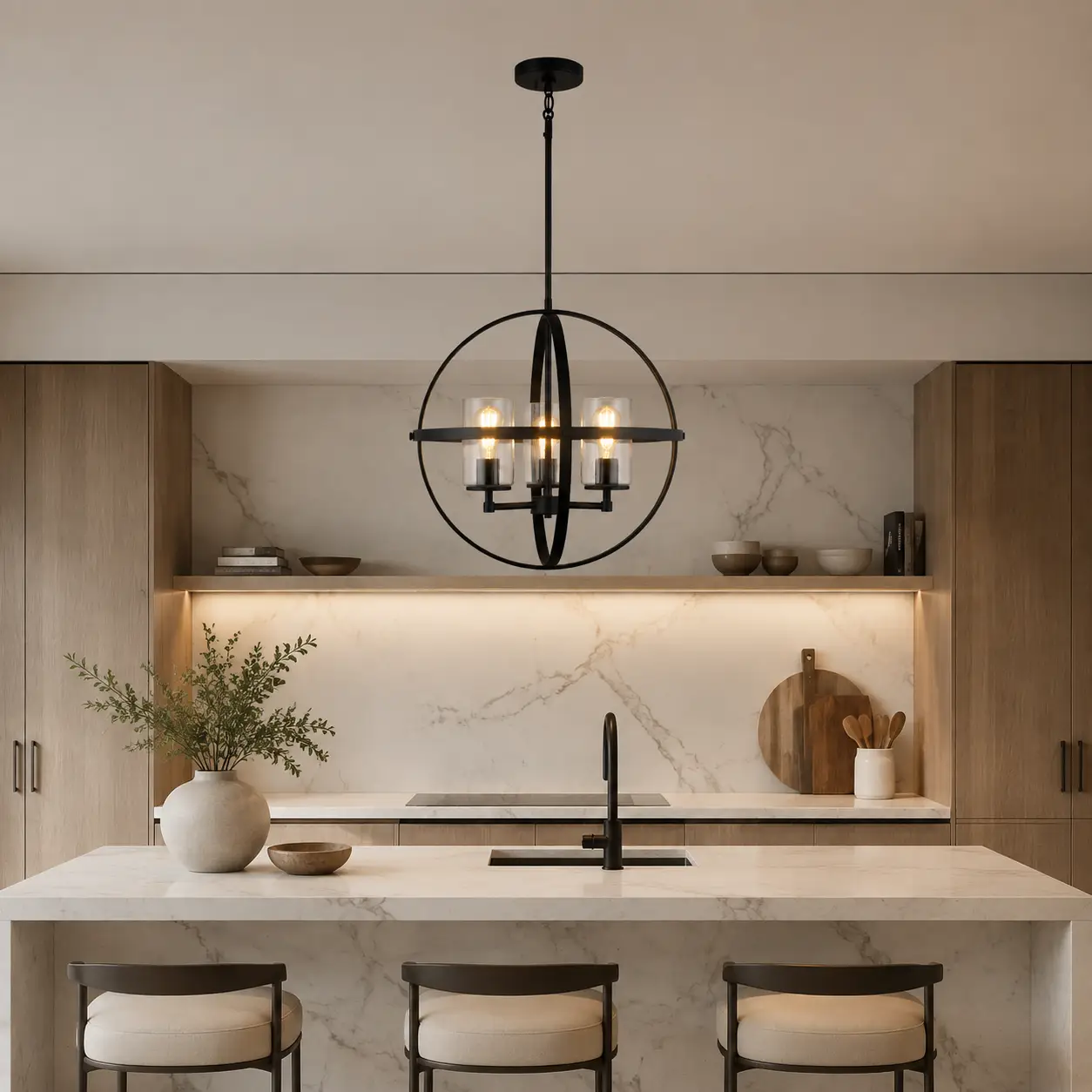 Celestia Sphere Pendant over Modern Kitchen Island