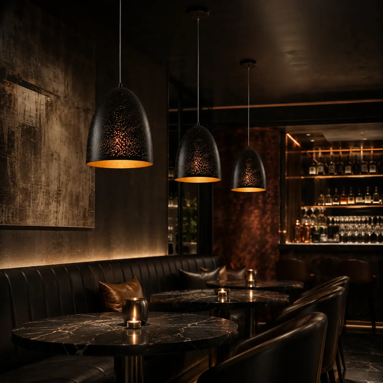 Celestial Ember Black and Gold Pendant in Luxury Bar Restaurant