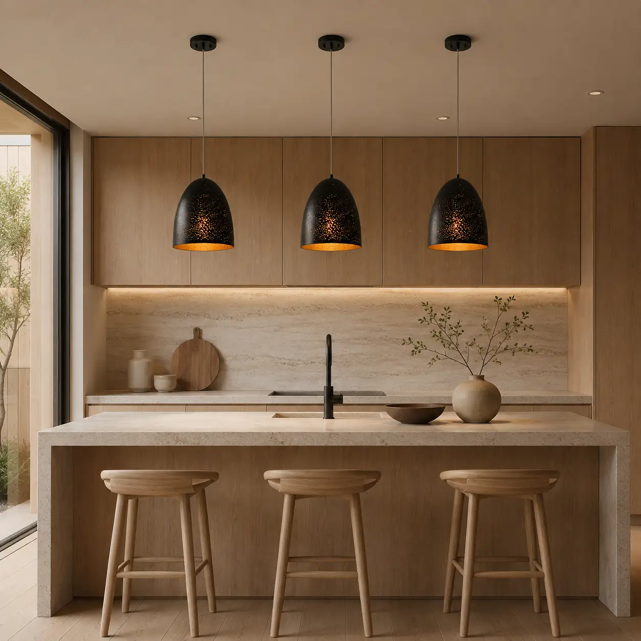 Celestial Ember Perforated Dome Pendant in Modern Japandi Kitchen Island