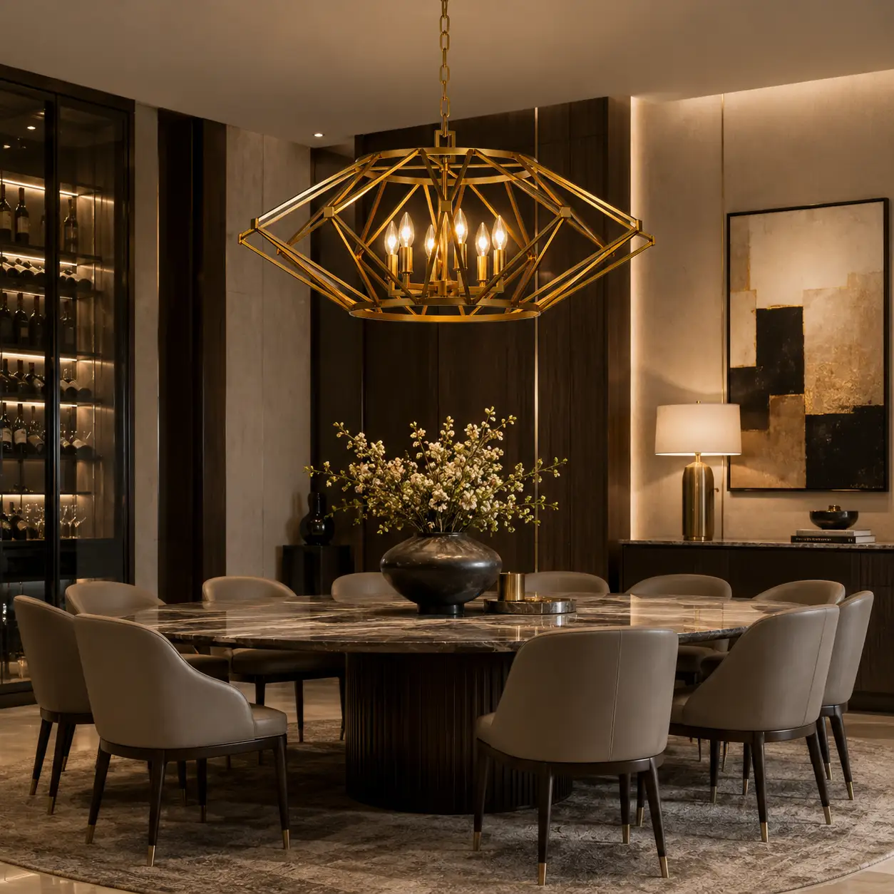Celestial Orbit Chandelier in Transitional Dining Room