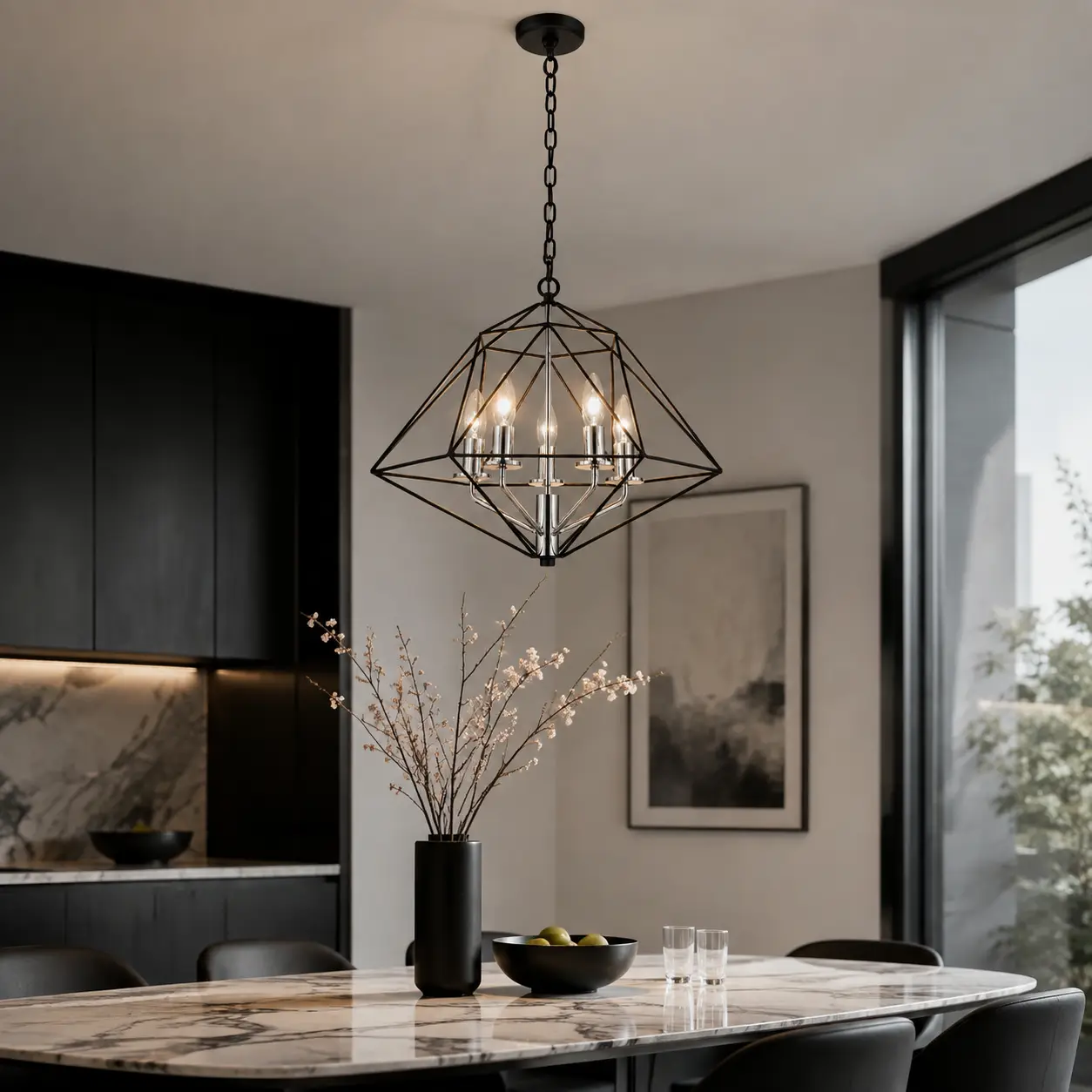 Chromeveil Chandelier over Contemporary Monochrome Dining Table