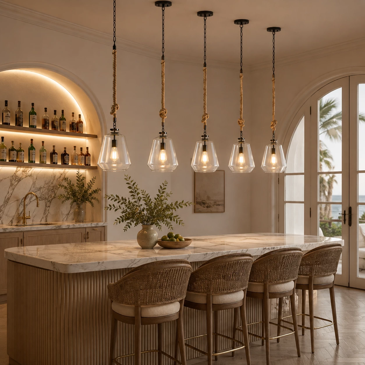 Sculpted Glass Single Pendants over Kitchen Island Bar