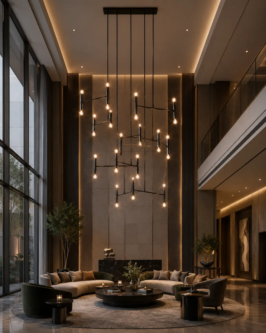 The Constellation 20-Light Sculptural Chandelier in Double-Height Modern Living Room