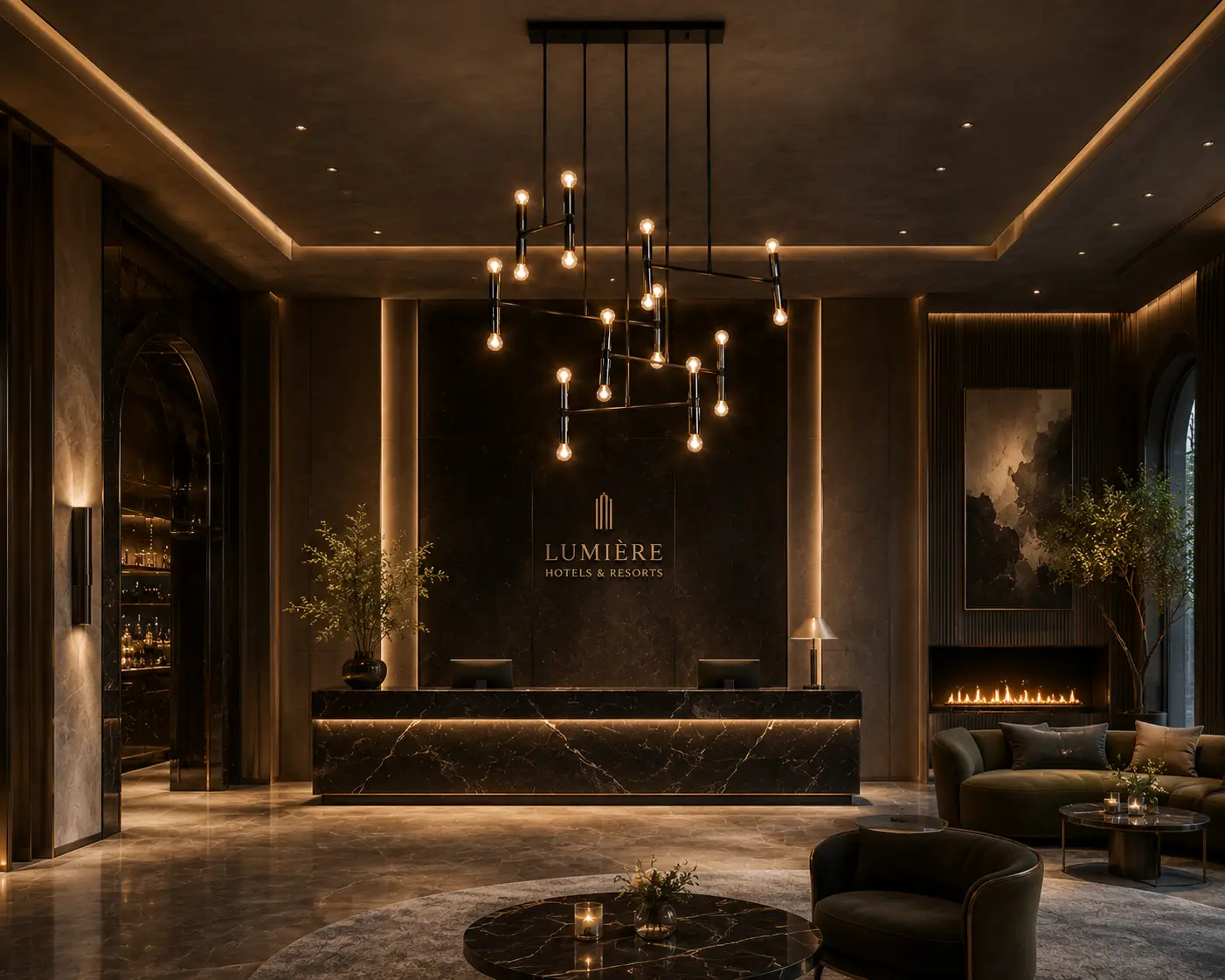 The Constellation Sculptural Chandelier in Commercial Hotel Reception Lounge