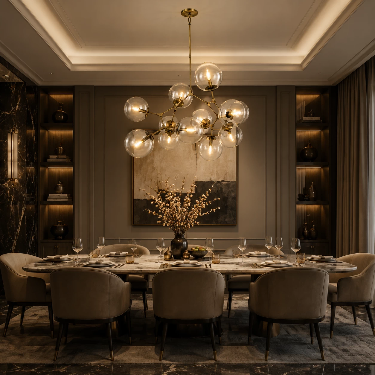 Constellation Cluster Chandelier over Luxury Marble Dining Table