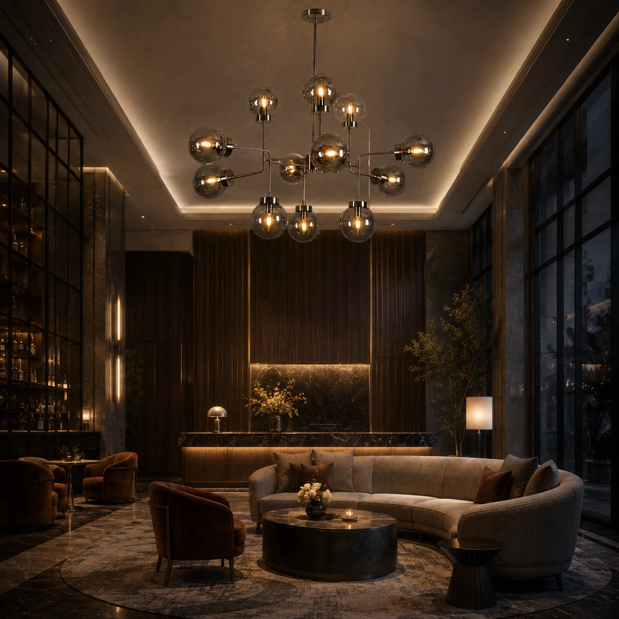 Cosmic Aura Chandelier in Hotel Lounge