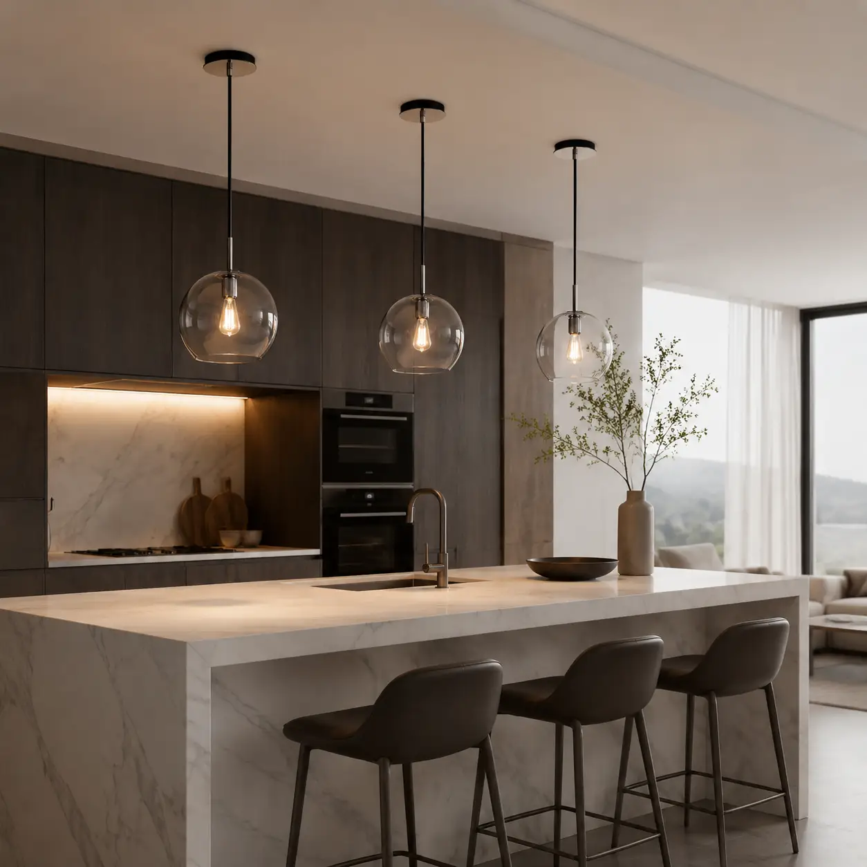 Crystaline Drop Pendant Linear Cluster over Kitchen Island