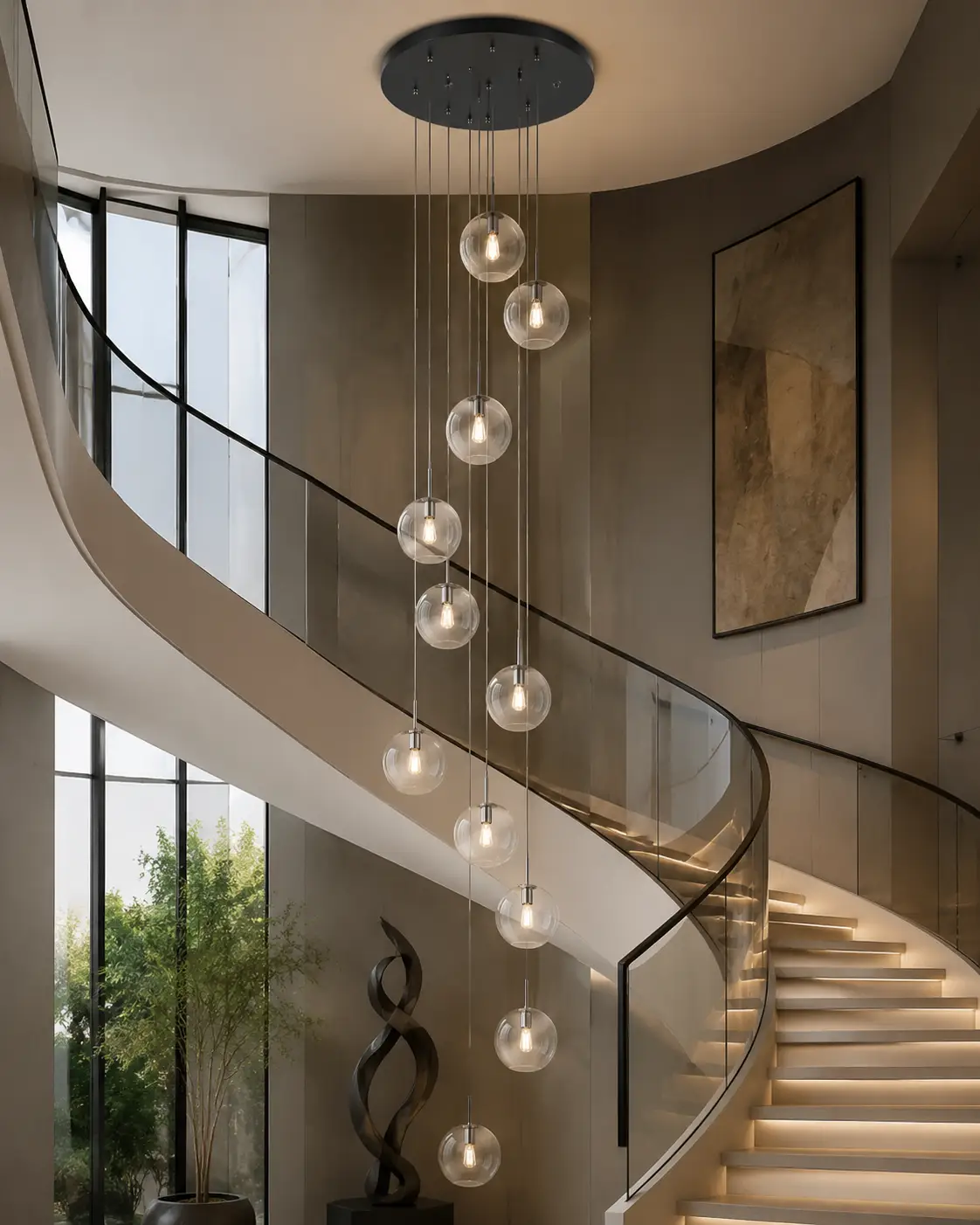 Stairwell Cascade Cluster with Crystaline Drop Pendants