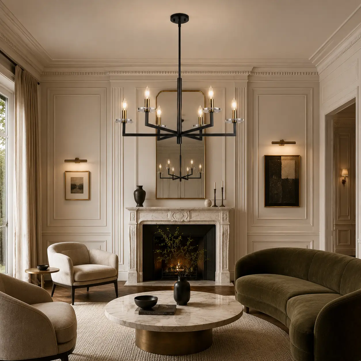 Damen Arc Chandelier in Transitional Neoclassical Living Lounge