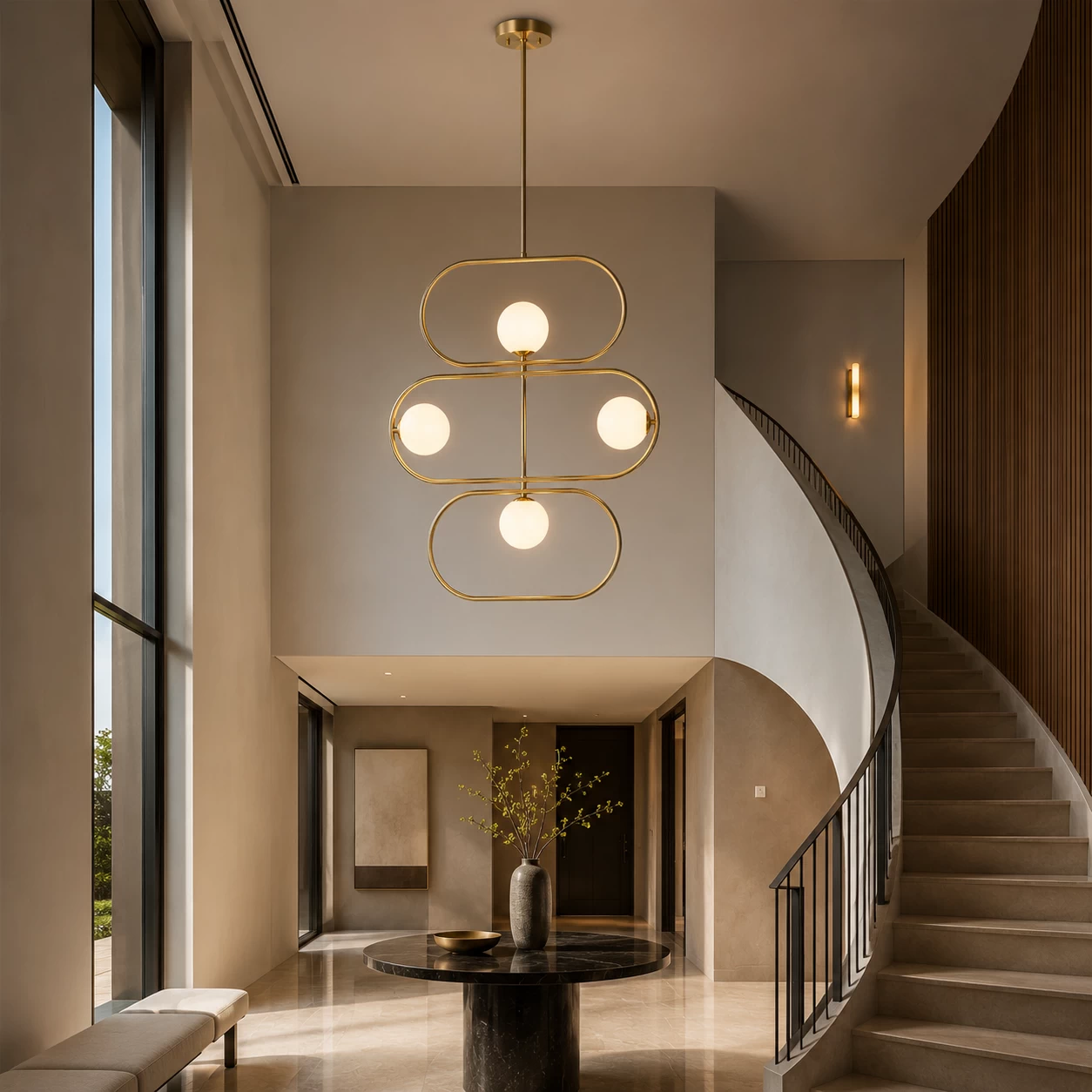 Deco Cascade Opaline Pendant in High Ceiling Foyer