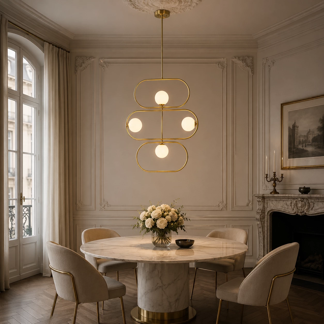 Deco Cascade Pendant over Marble Dining Table