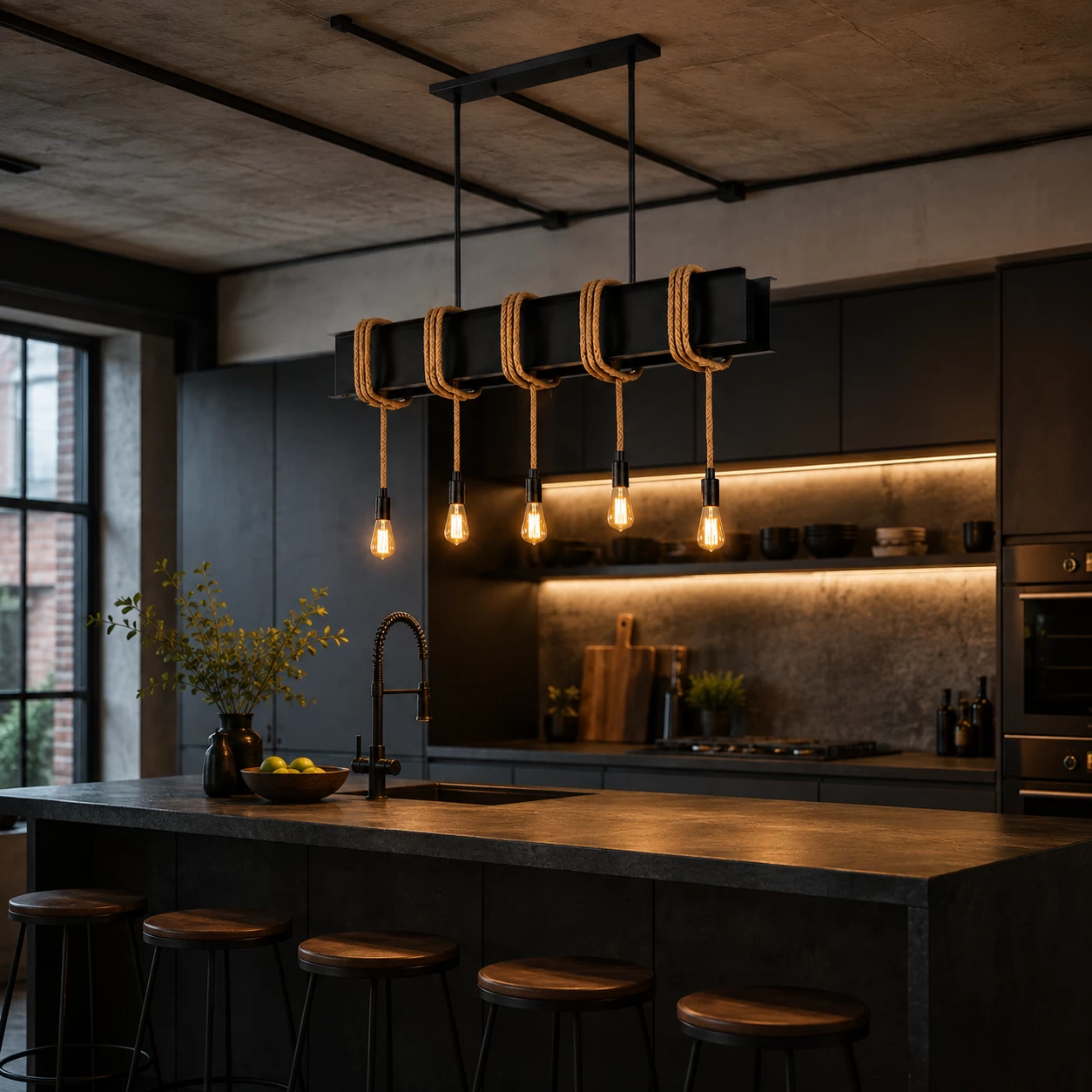 The Dockside 5-Light Pendant over Modern Industrial Kitchen Island