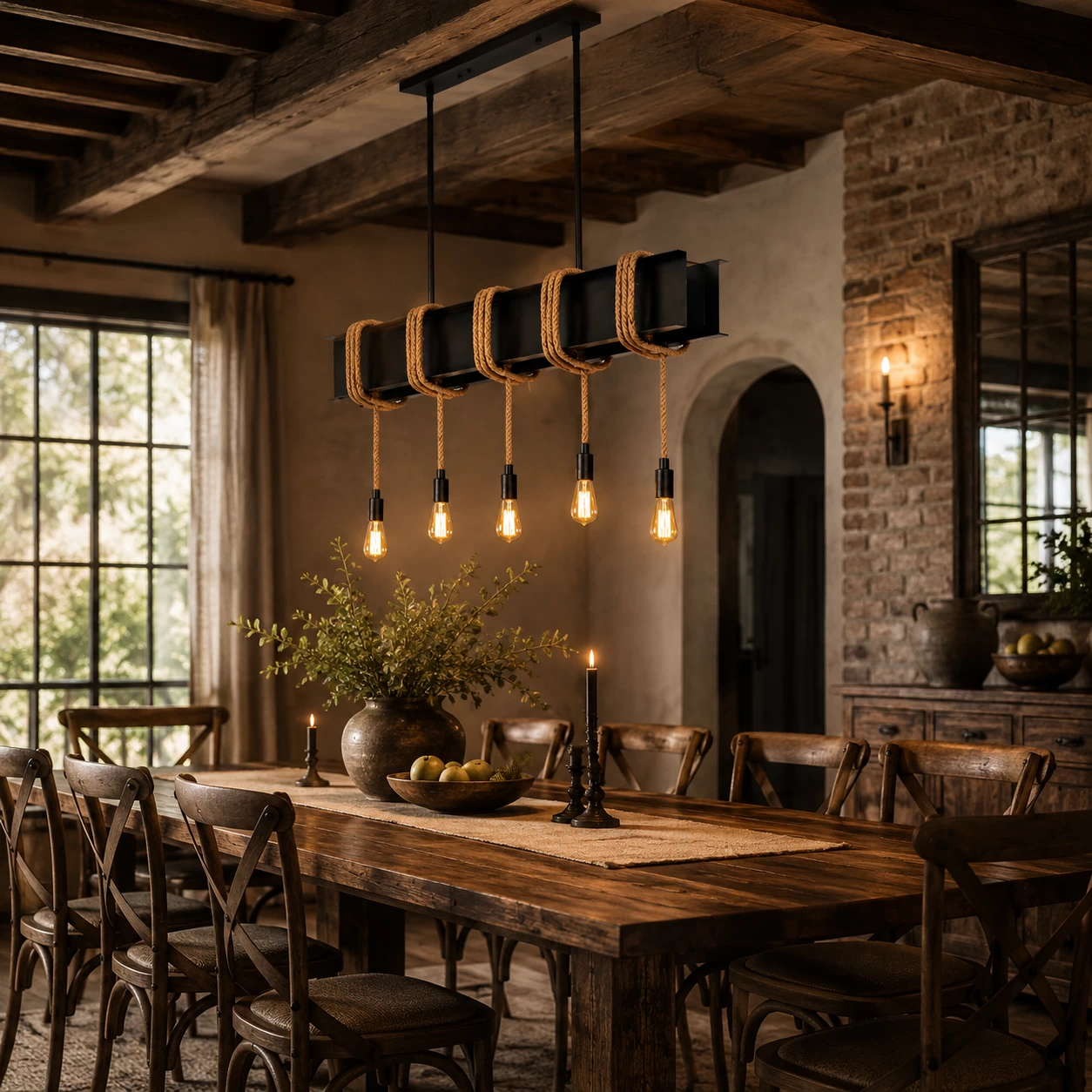 The Dockside Linear Pendant in Rustic Farmhouse Dining Room