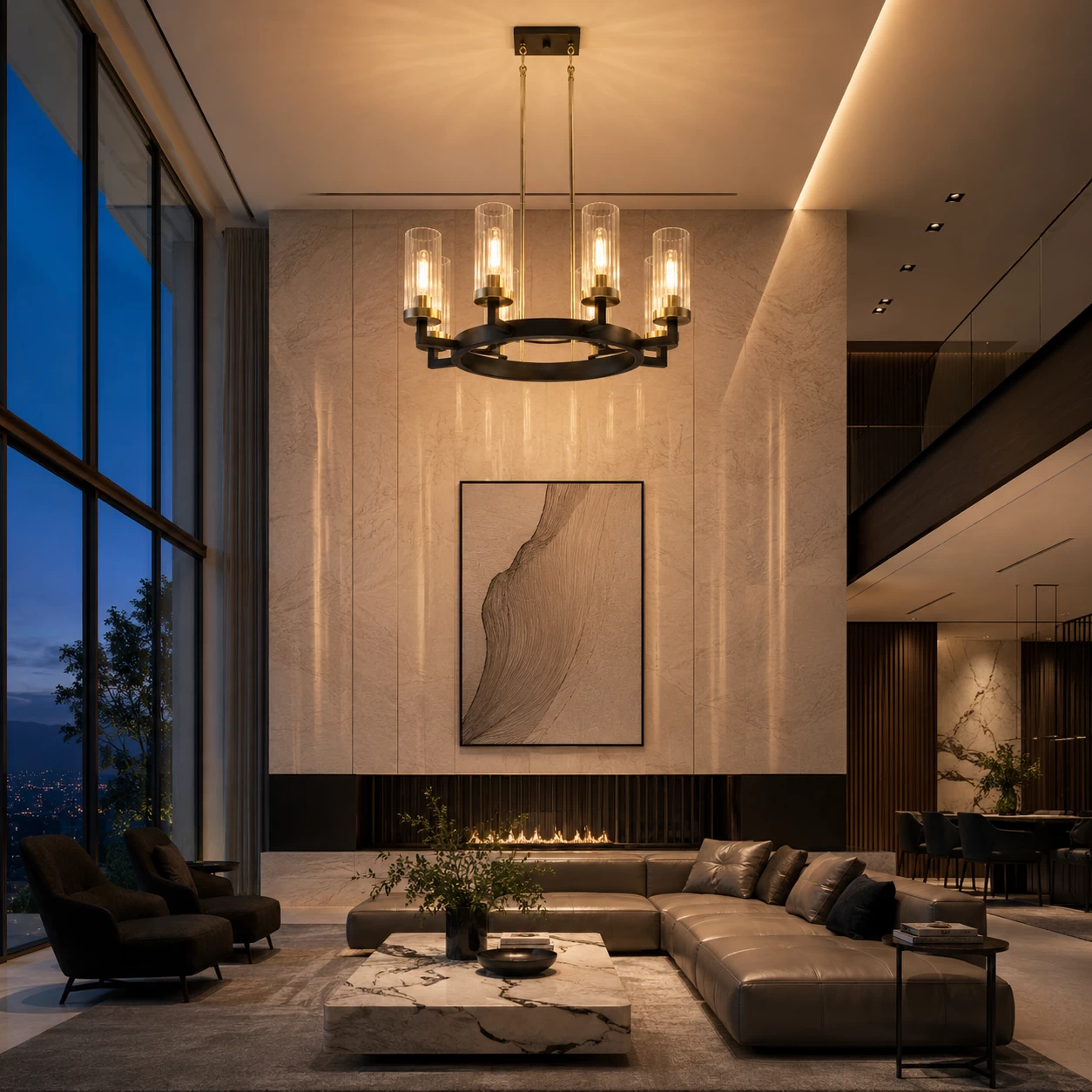 Echelon Vista 8-Light Ribbed Glass Chandelier in Modern Luxury Living Room
